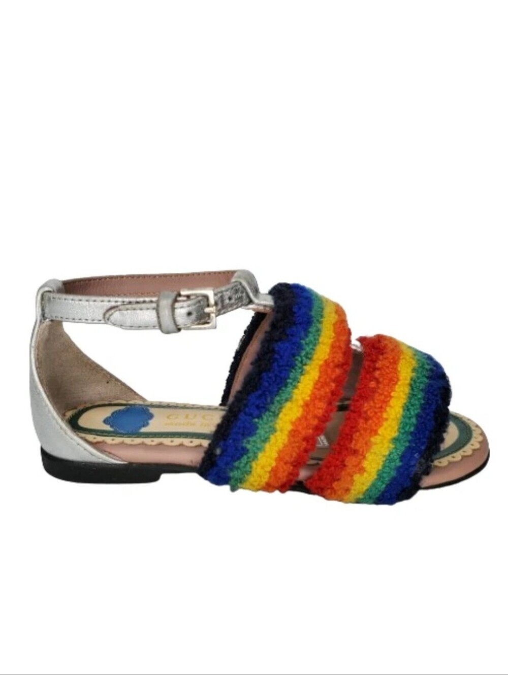 Gucci Kids Rainbow Terrycloth & Metallic Silver Leather Sandals